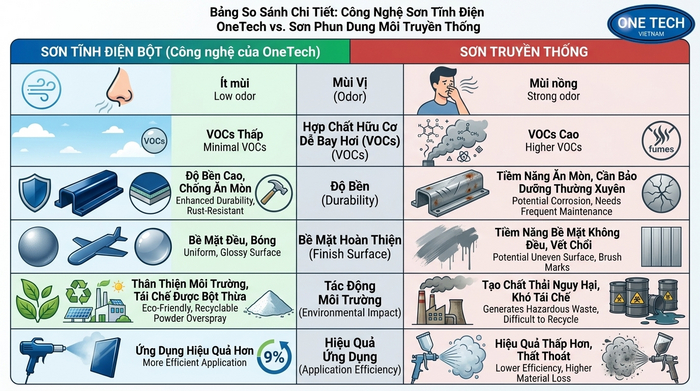 Sơn tĩnh điện an toàn hơn sơn dung môi trong nhiều ứng dụng Bảng so sánh sơn tĩnh điện và sơn dung môi truyền thống về độ an toàn