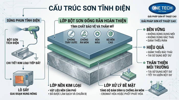 Sơ đồ cấu tạo lớp sơn tĩnh điện gồm nền kim loại, xử lý bề mặt và lớp phủ bột