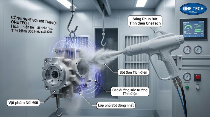 Cơ chế điện trường giúp bột sơn tích điện và bám vào chi tiết kim loại