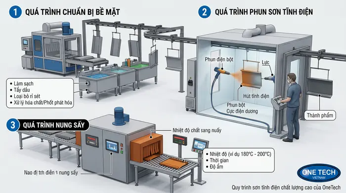 Sơ đồ quy trình sơn tĩnh điện từ xử lý bề mặt đến sấy hoàn thiện