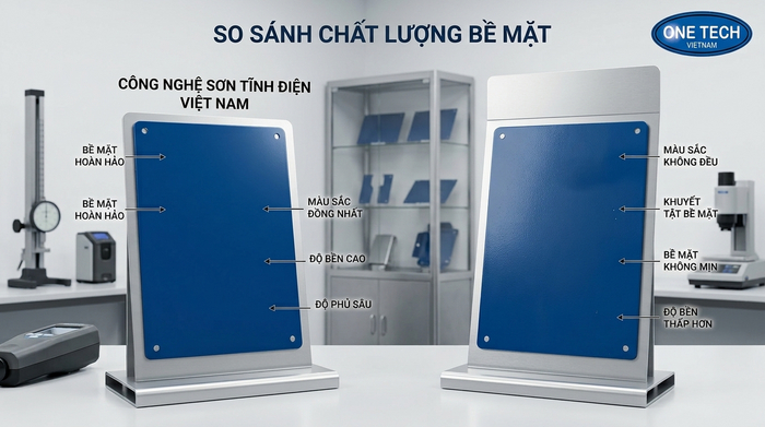 So sánh bề mặt sơn tĩnh điện và sơn lỏng trên sản phẩm kim loại