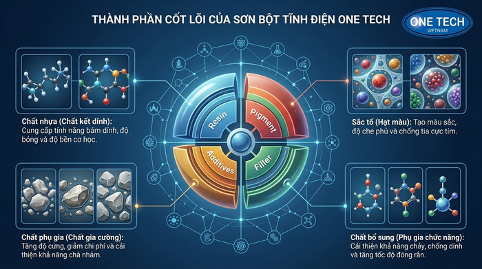 Minh họa thành phần bột sơn tĩnh điện gồm nhựa, bột màu, chất độn và phụ gia