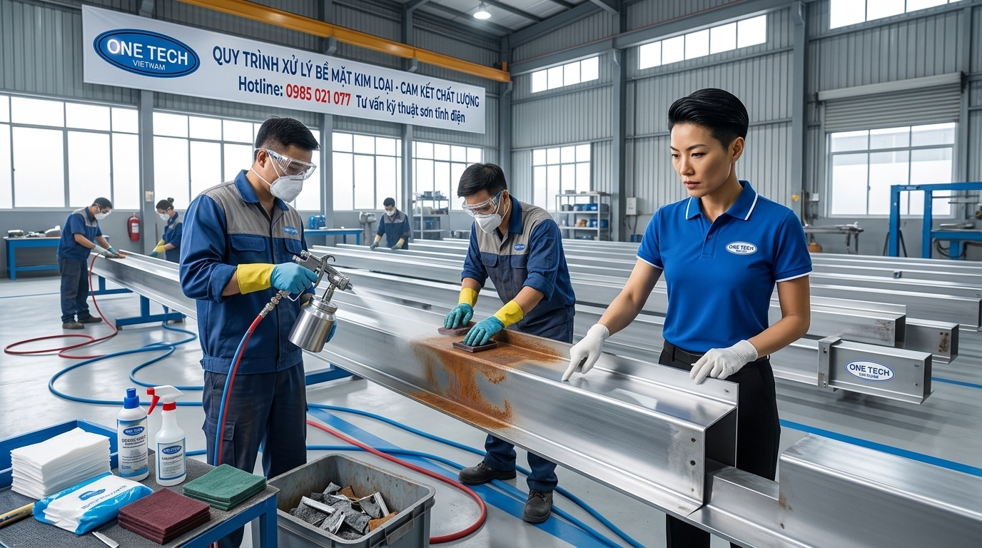 Xử lý bề mặt kim loại trước khi sơn tĩnh điện Công đoạn xử lý bề mặt kim loại trước khi sơn tĩnh điện để hạn chế bong tróc