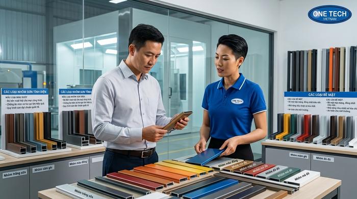 Địa chỉ sơn tĩnh điện nhôm kính Quảng Ninh Khách hàng kiểm tra mẫu màu tại địa chỉ sơn tĩnh điện nhôm kính uy tín ở Quảng Ninh